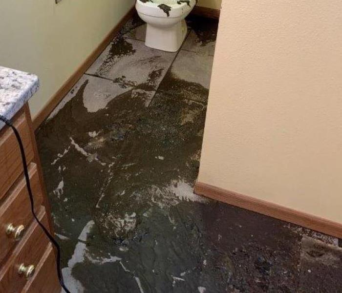 A bathroom that is covered in dark sewage