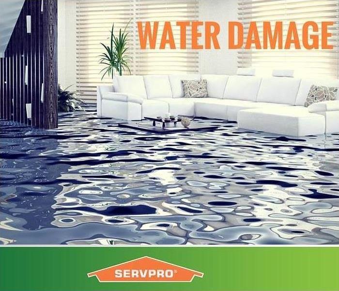 A white couch in a house, with water throughout the living room. Image says water damage and SERVPRO.