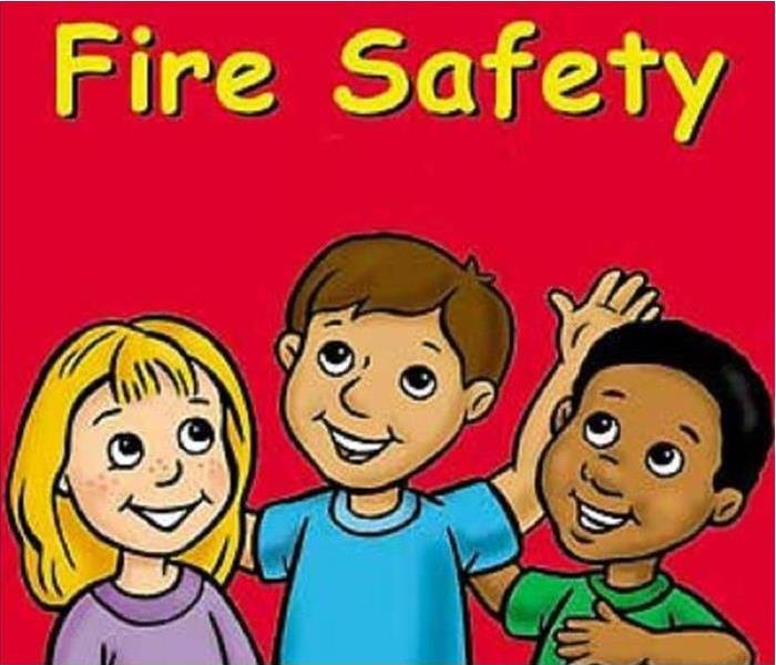 Three cartoon children smiling, says Fire Safety at the top. 