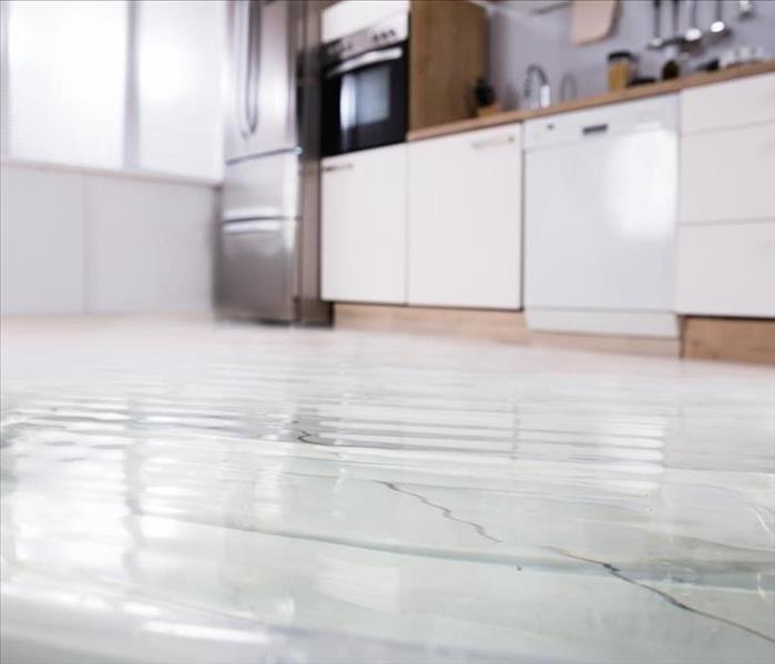 A kitchen with water across the floor.
