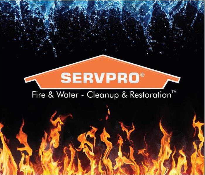 A black background with flames at the bottom, SERVPRO letters in the middle, and blue water at the top.